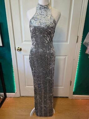 Sabora Silver Crushed Velvet Sequin Halter Maxi Dress